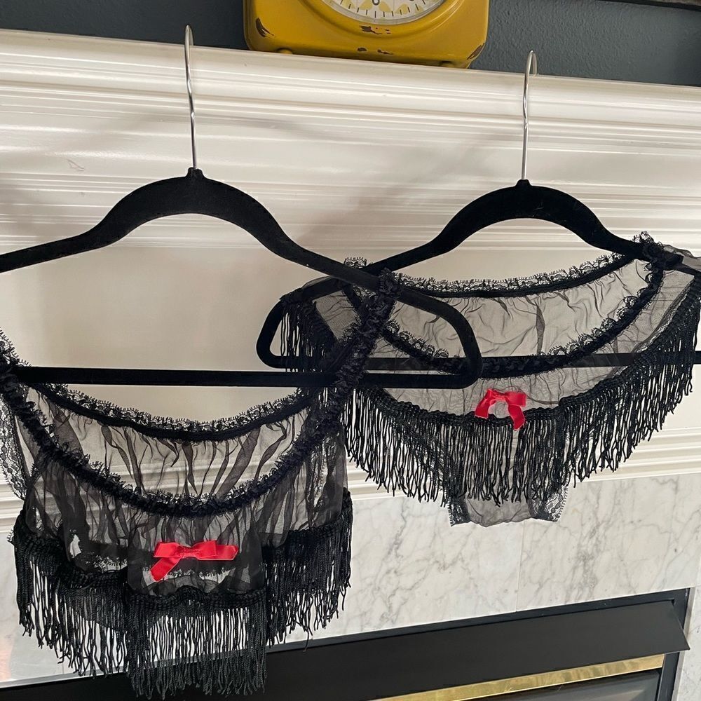 Vintage Fringe See Through Lingerie Set Black Red Bows Sexy OSFM L/XL
